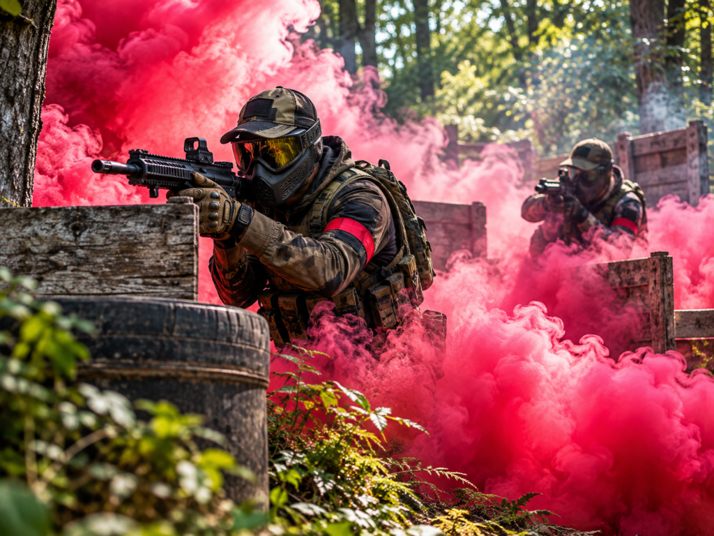 Airsoft and paintball players moving through coloured smoke during an outdoor game