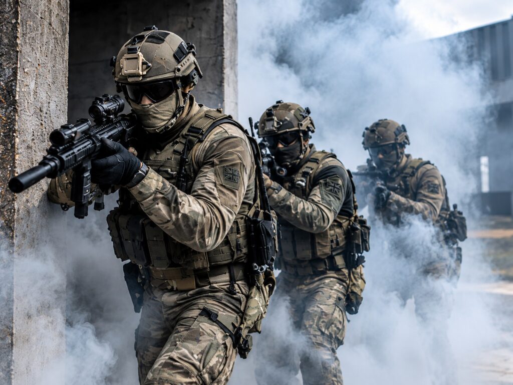 British military personnel conducting a professional tactical training exercise